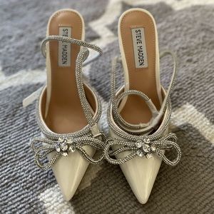 Steve Madden ivory patent leather stilettos with crystal accents